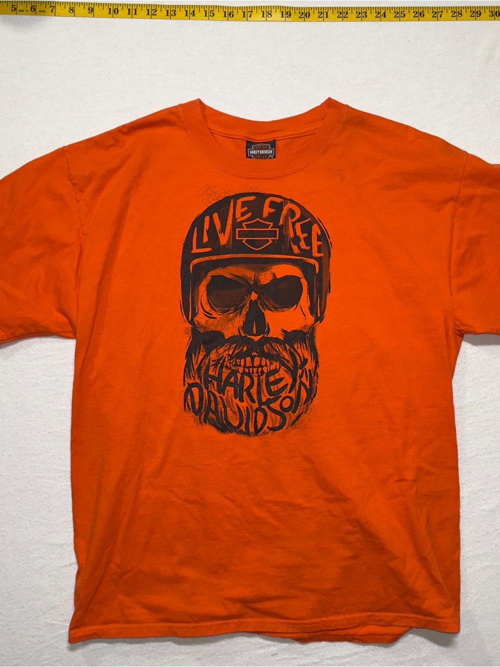 Harley-Davidson Orange Short Sleeve Tee with Black Skull Helmet Graphic